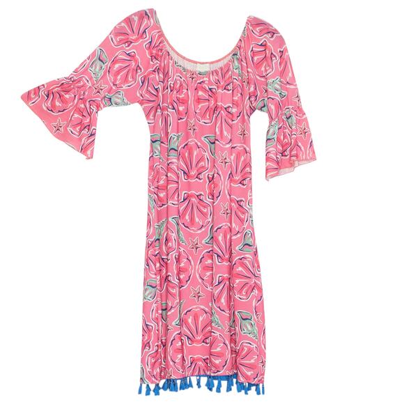 Simply Southern Dress Off Shoulder Shell Bell Sleeve Coastal Beachy Pink Large - Picture 1 of 5